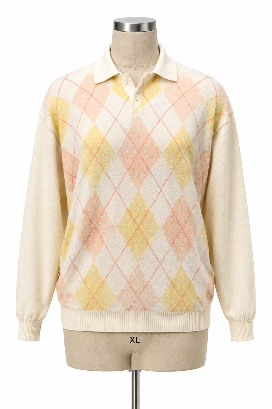 Saks Fifth Avenue 2-ply 60% cashmere 40% cotton polo argyle sweater Scotland XXL